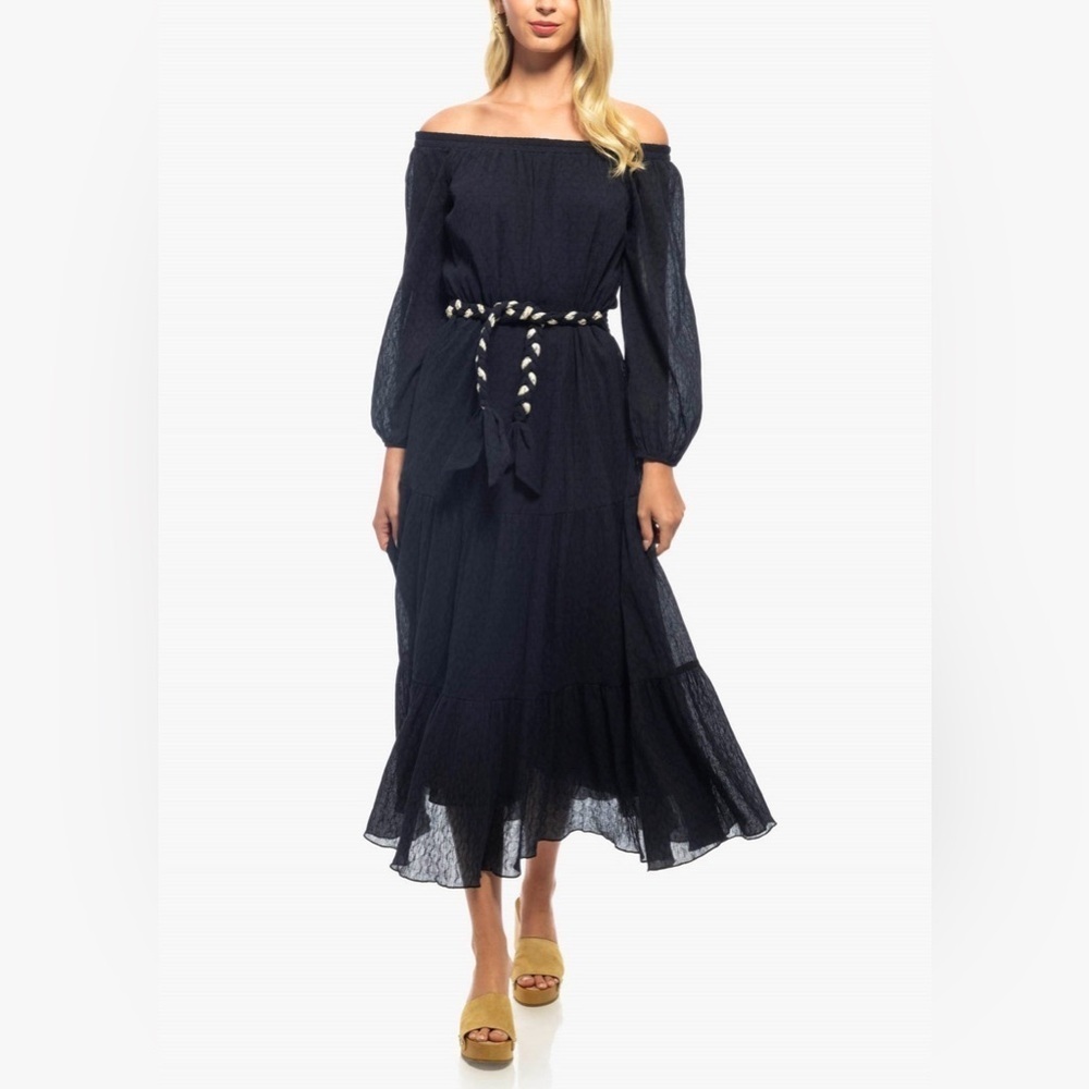 Shoshanna Women's Talon Cotton Burnout Midi Dress Navy Blue Off Shoulder 12 belt